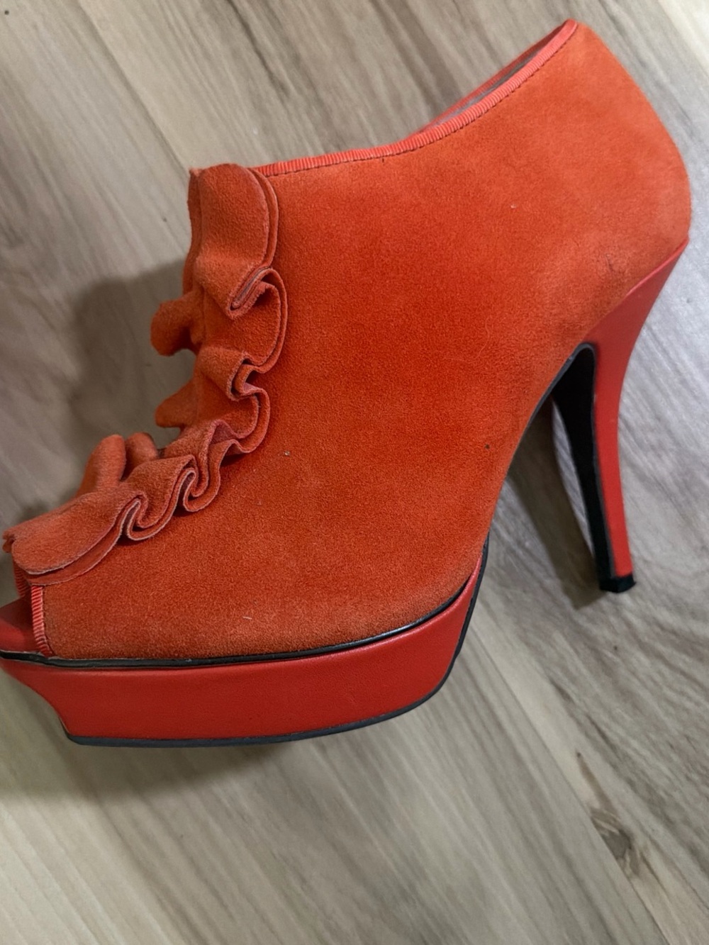 Orange Suede Ruffle Peep-Toe Mules - Picture 2 of 4